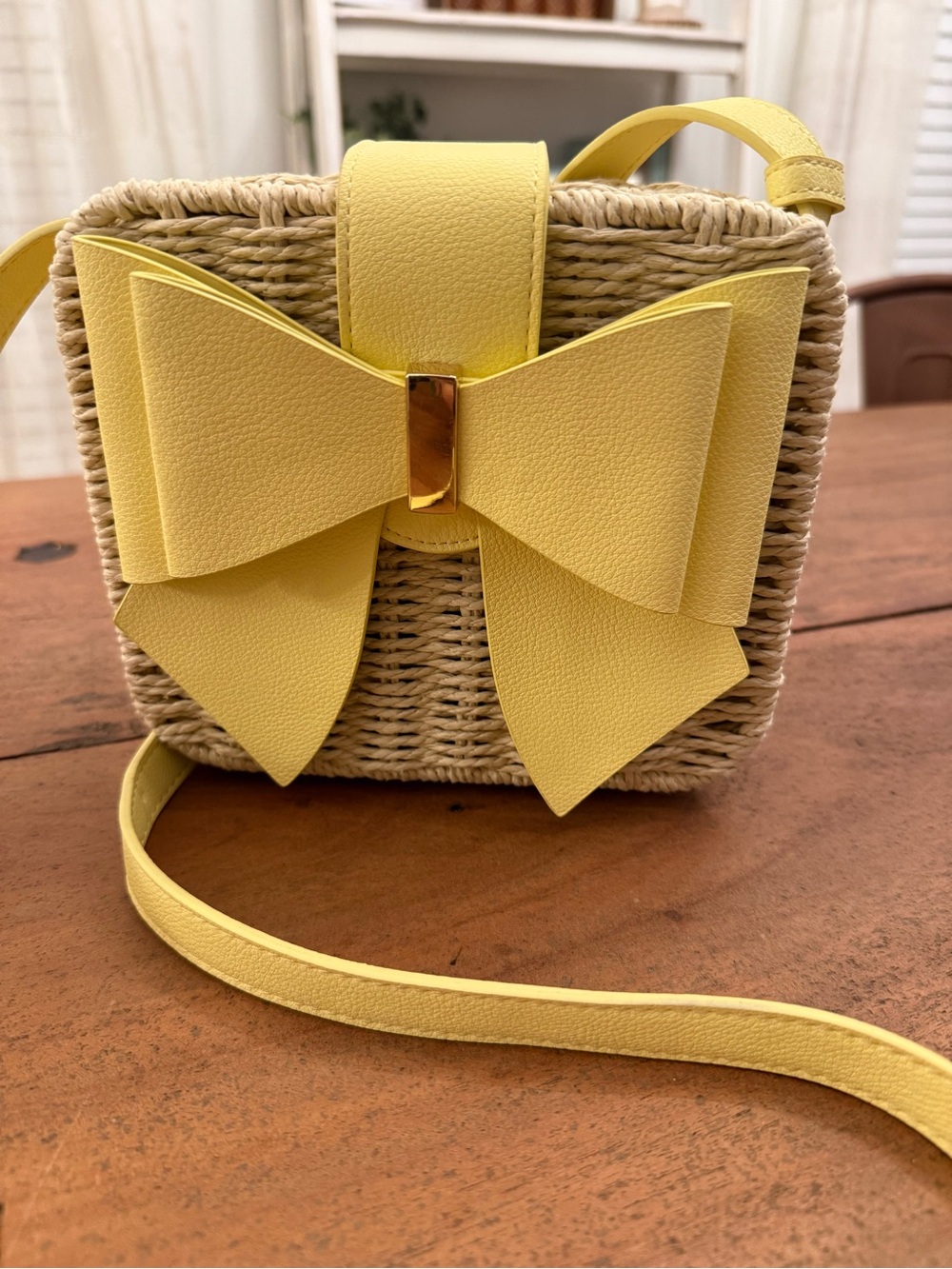 Yellow Bow Accent Woven Crossbody Bag